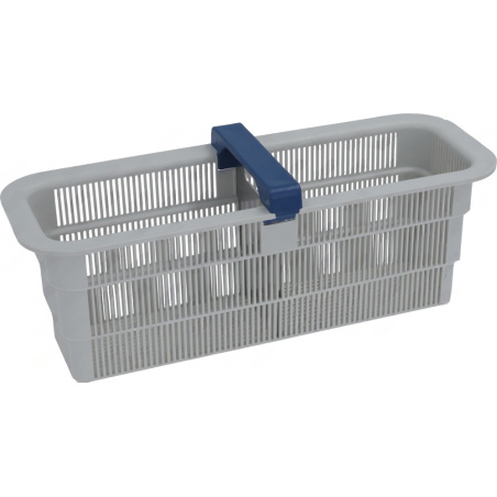 Šedý perforovaný plastový koš filtru s modrou rukojetí k přenášení