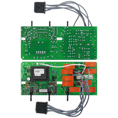 Dvojice zelených desek plošných spojů s konektory a svazky vodičů, řídicí elektronika sekáčku 190x83 mm