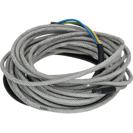 Šedý topný kabel pro dveře dlouhý 5750 mm, stočený do kruhu a zakončený barevnými vodiči