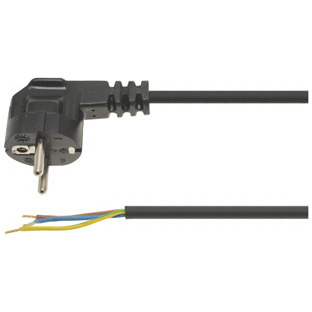 Černý napájecí kabel 16 A s úhlovou vidlicí, druhý konec má odizolované barevné žíly, délka 1300 mm