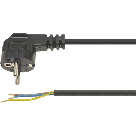 Černý napájecí kabel 16 A s úhlovou vidlicí, druhý konec má odizolované barevné žíly, délka 1300 mm