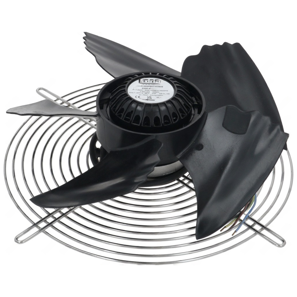 Axiální ventilátor s černými lopatkami a drátěnou ochranou, motor je uprostřed