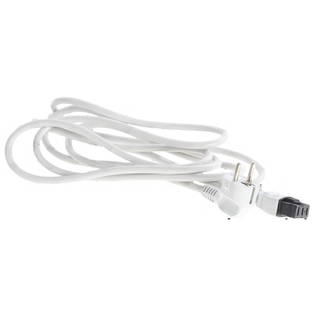 Bílý síťový kabel s vidlicí na jednom konci a konektorem na druhém, smotaný do kruhů