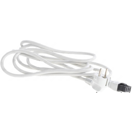Bílý síťový kabel s vidlicí na jednom konci a konektorem na druhém, smotaný do kruhů