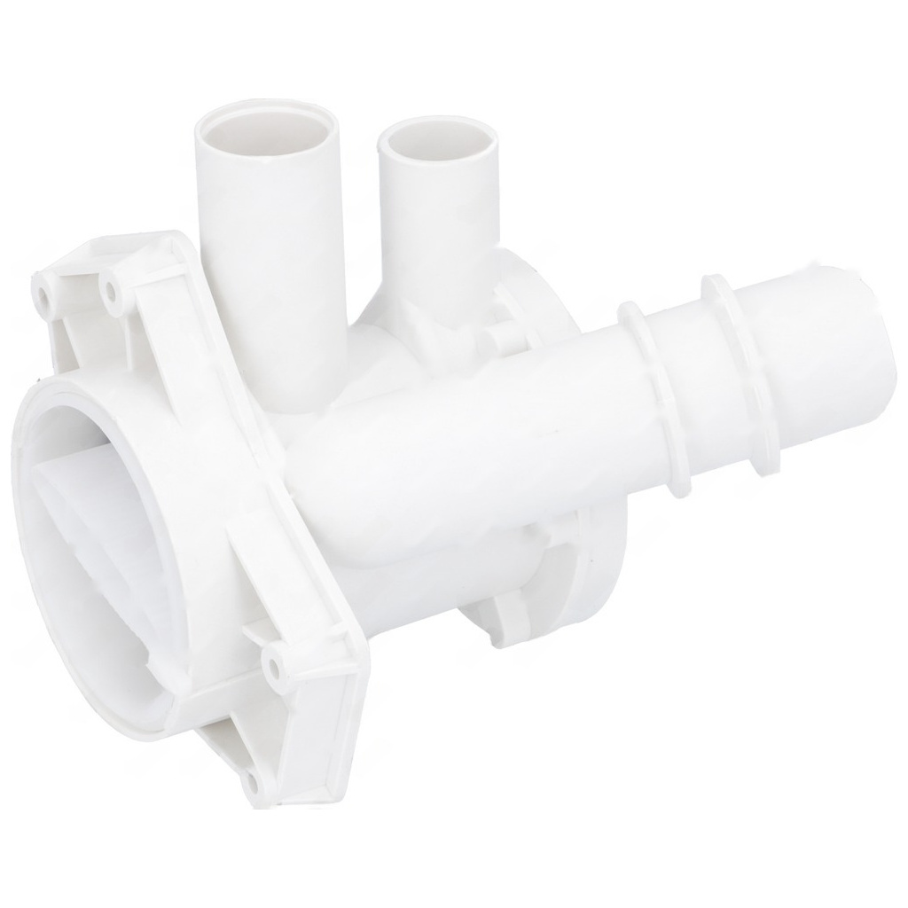 Bílý plastový kryt filtru čerpadla s dvěma hrdly nahoře a mřížovanými otvory po stranách Bílý plastový kryt filtru čerpadla s dvěma hrdly nahoře a mřížovanými otvory po stranách