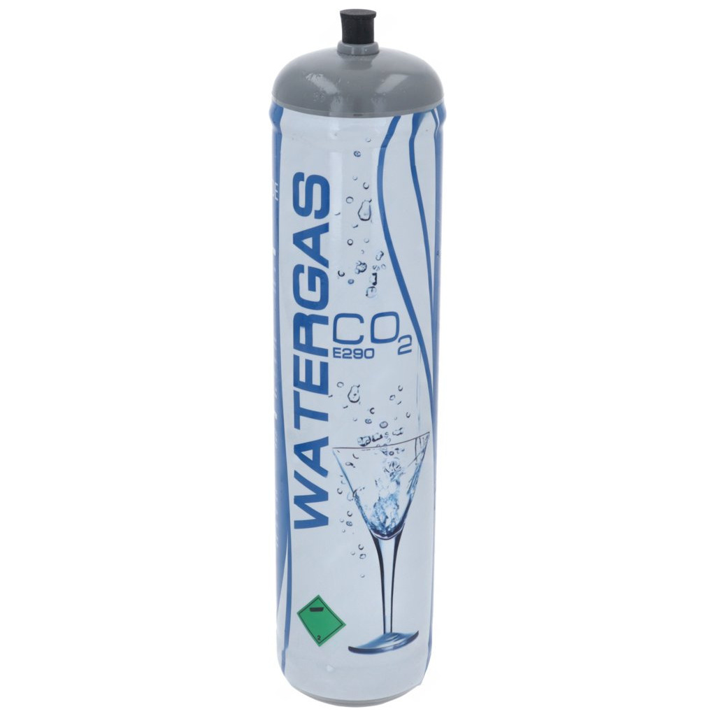 Plynová lahev s CO2 o obsahu 600 g, nahoře černý ventil a potisk Watergas