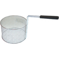 Okrouhlý drátěný koš do fritézy s hustou mřížkou a zahnutou rukojetí s černým úchytem, ø230x145 mm