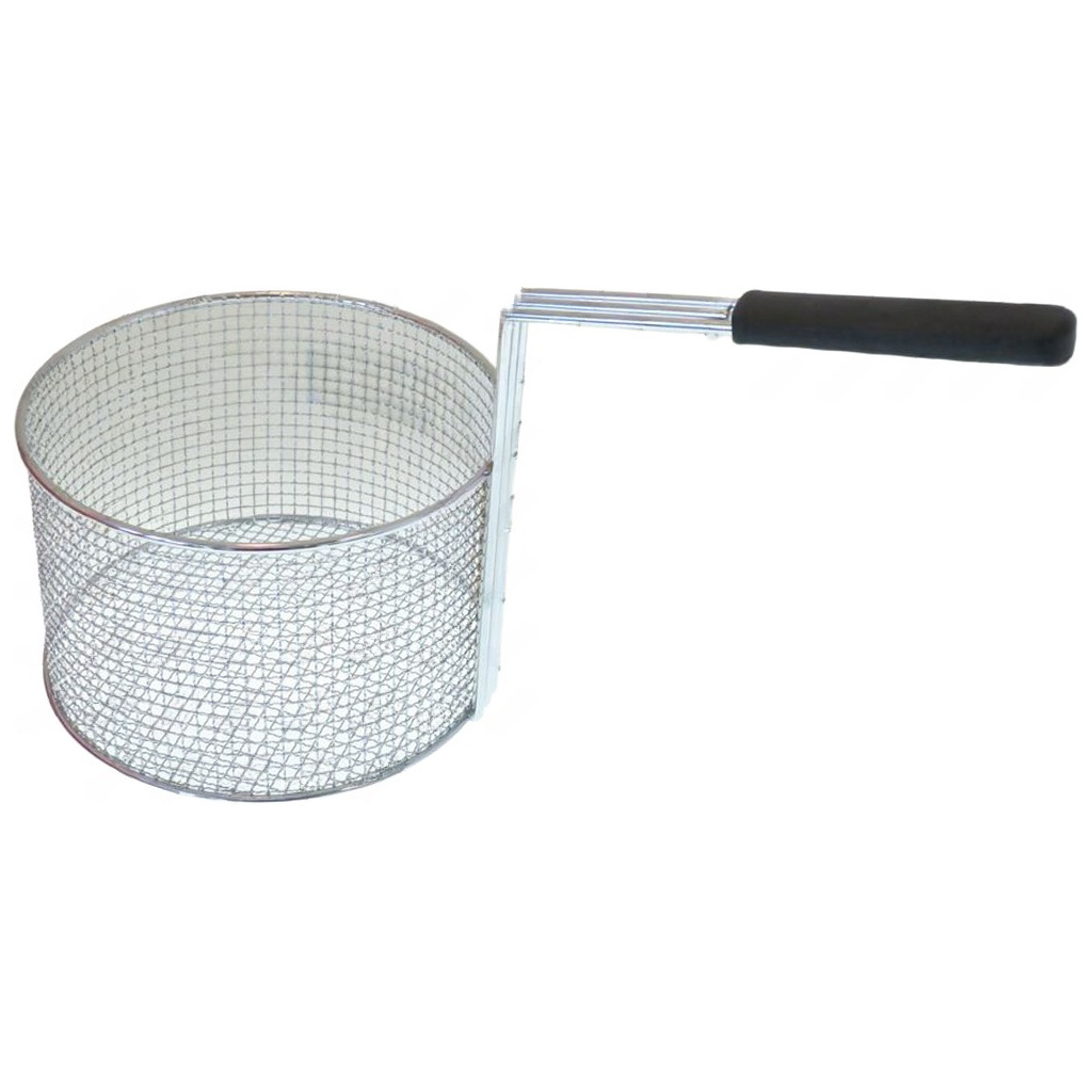 Okrouhlý drátěný koš do fritézy s hustou mřížkou a zahnutou rukojetí s černým úchytem, ø230x145 mm