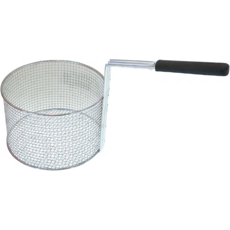 Okrouhlý drátěný koš do fritézy s hustou mřížkou a zahnutou rukojetí s černým úchytem, ø230x145 mm