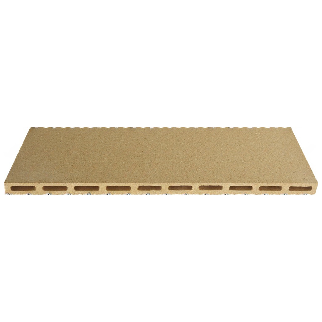 Béžová šamotová deska s řadou kulatých perforací podél jednoho okraje, rozměr 696x348 mm