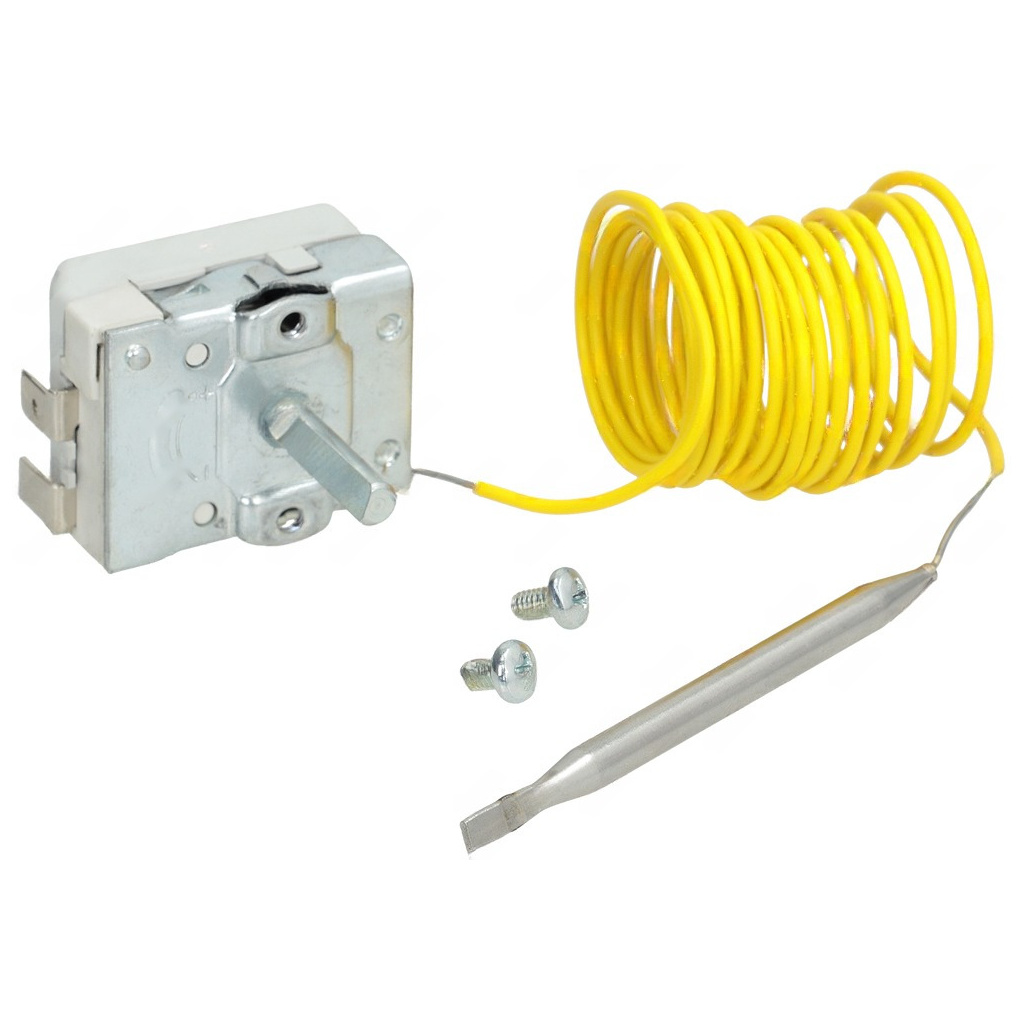 Jednofázový termostat 30-90°C UNIVERSAL PARTS, kovová skříňka s otočným knoflíkem, dlouhým žlutým kapilárním kabelem a čidlem.