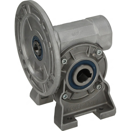 Hliníková šneková převodovka s přírubou a hřídelí s modrým těsněním, pohled z druhé strany