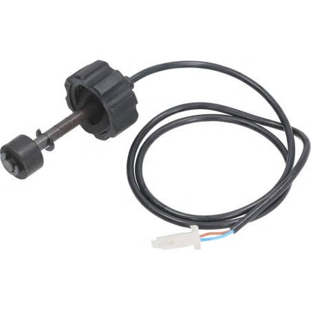 Hladinová sonda vody s černým rýhovaným tělem, kovovou tyčí a plovákem na konci
