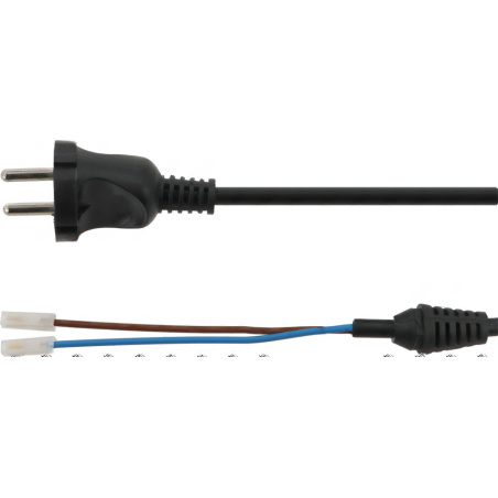 Napájecí kabel 2x1 mm² se síťovou vidlicí na jednom konci a konektorem s barevnými vodiči na druhém
