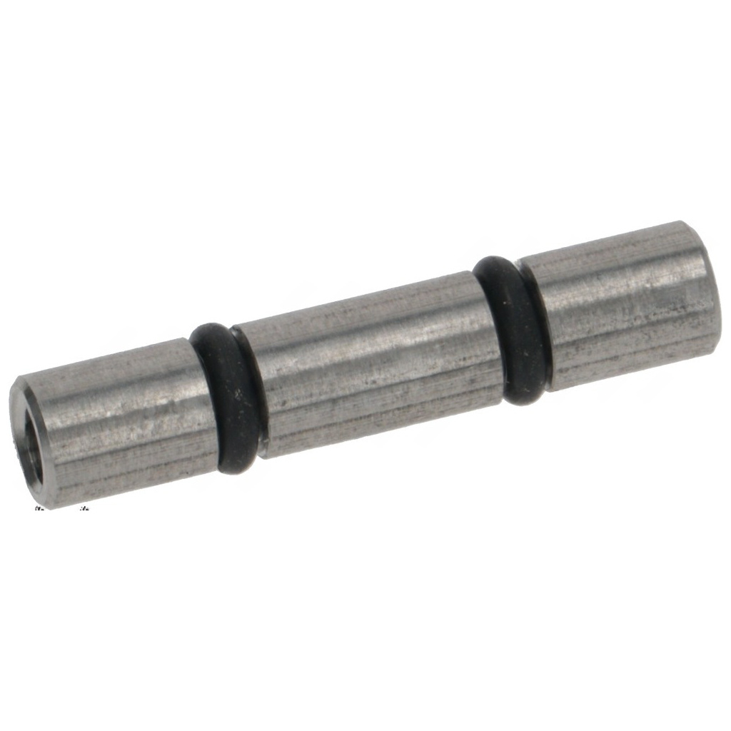 Tryska nerezová Ø 6x31 mm, otvor Ø 0,5 mm, kovový válcový čep se dvěma černými těsnicími kroužky Tryska nerezová Ø 6x31 mm, otvor Ø 0,5 mm, kovový válcový čep se dvěma černými těsnicími kroužky
