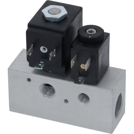 Elektromagnetický ventil vzduch/plyn s hliníkovým tělem a dvěma černými plastovými cívkami