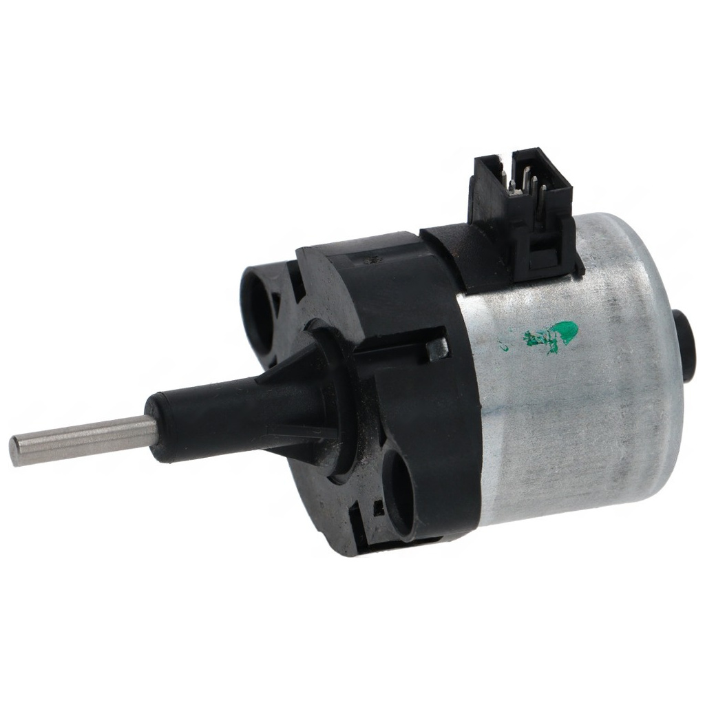 Motor vypouštěcí s černým plastovým tělem, kovovým válcem a konektorem s několika piny nahoře