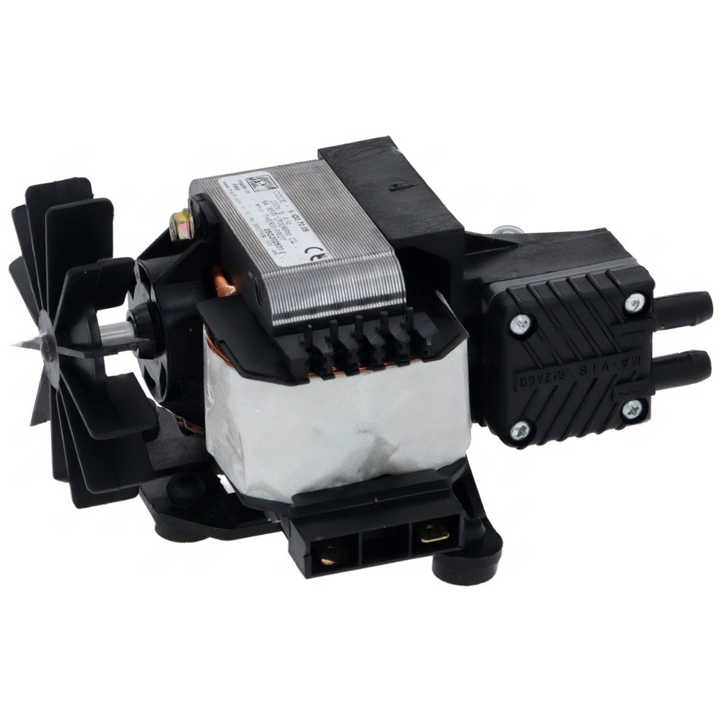 Vakuové čerpadlo 85W 230V 50Hz, černé kompaktní čerpadlo s ventilátorkem, cívkou a dvěma hadicovými hrdly.