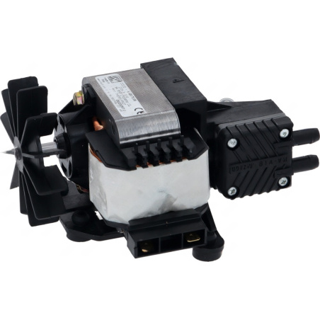 Vakuové čerpadlo 85W 230V 50Hz, černé kompaktní čerpadlo s ventilátorkem, cívkou a dvěma hadicovými hrdly.