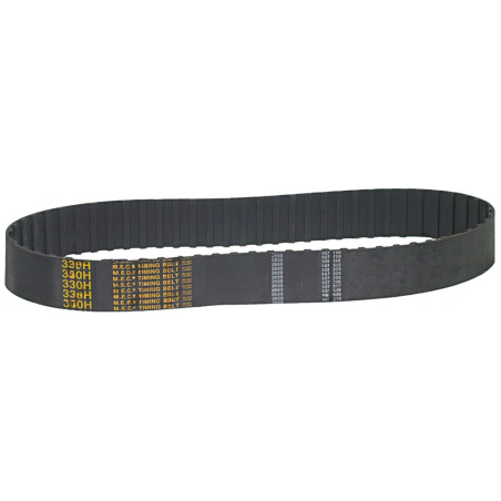 Černý ozubený řemen s pravidelnými zuby a bílým potiskem 330H Timing Belt.