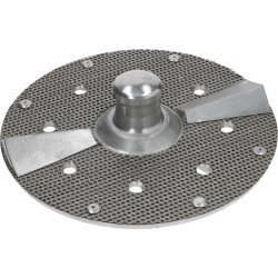 Brusný disk do škrabky brambor Ø 310 mm, kovový disk se zrnitým povrchem, středovým čepem a dvěma lopatkami.