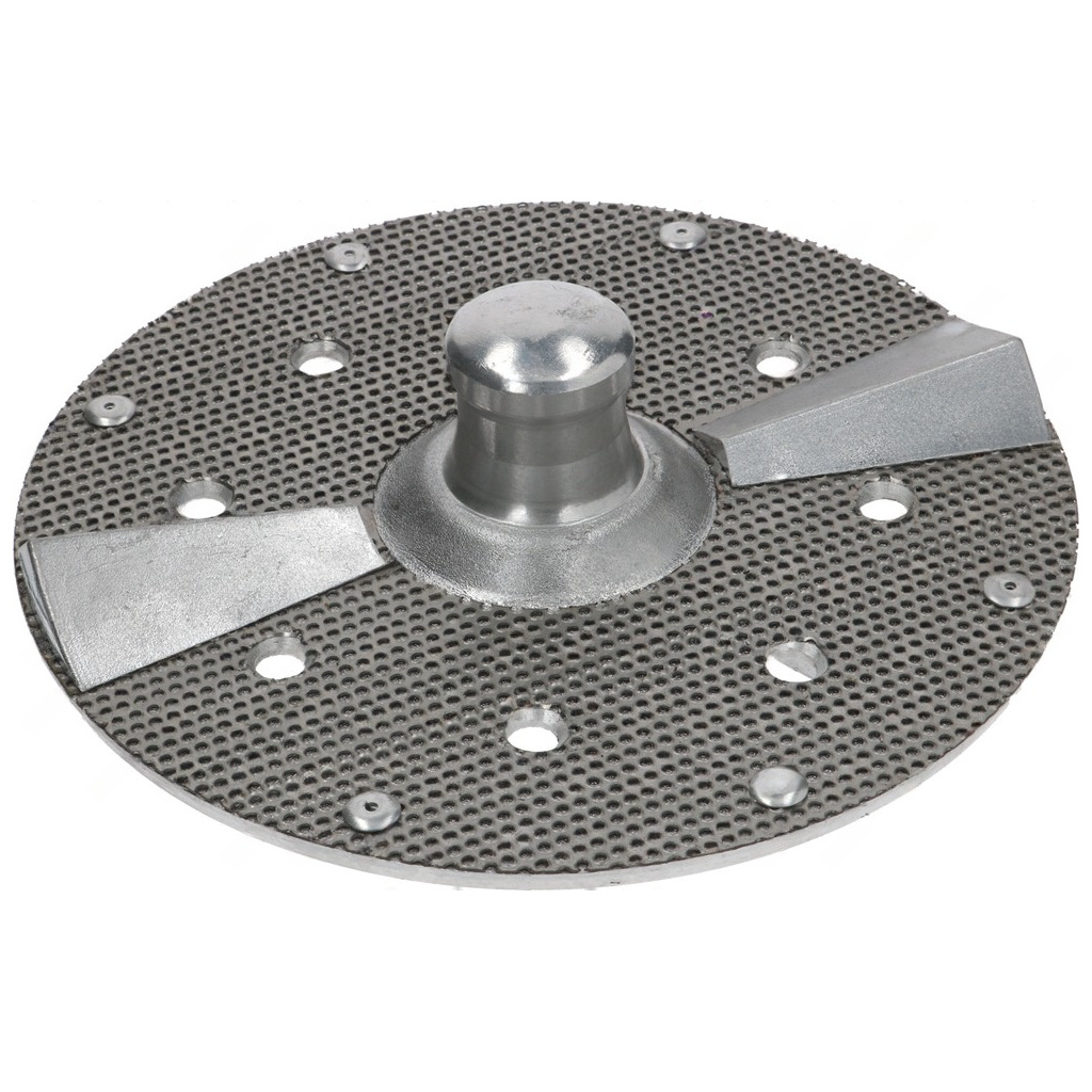 Brusný disk do škrabky brambor Ø 310 mm, kovový disk se zrnitým povrchem, středovým čepem a dvěma lopatkami.