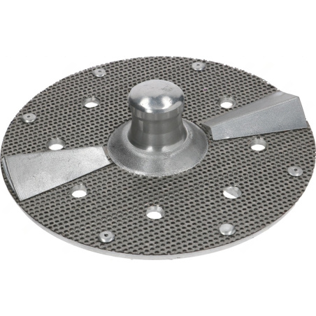 Brusný disk do škrabky brambor Ø 310 mm, kovový disk se zrnitým povrchem, středovým čepem a dvěma lopatkami.
