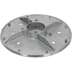 Brusný disk do škrabky brambor Ø 310 mm, pohled na rub s výztužnými žebry do tvaru hvězdice a středovým nábojem.