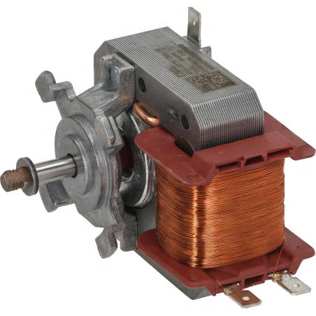 Motor ventilátoru SMEG 795210954, malý elektromotor s měděným vinutím a hřídelí s pojistným kolíkem.