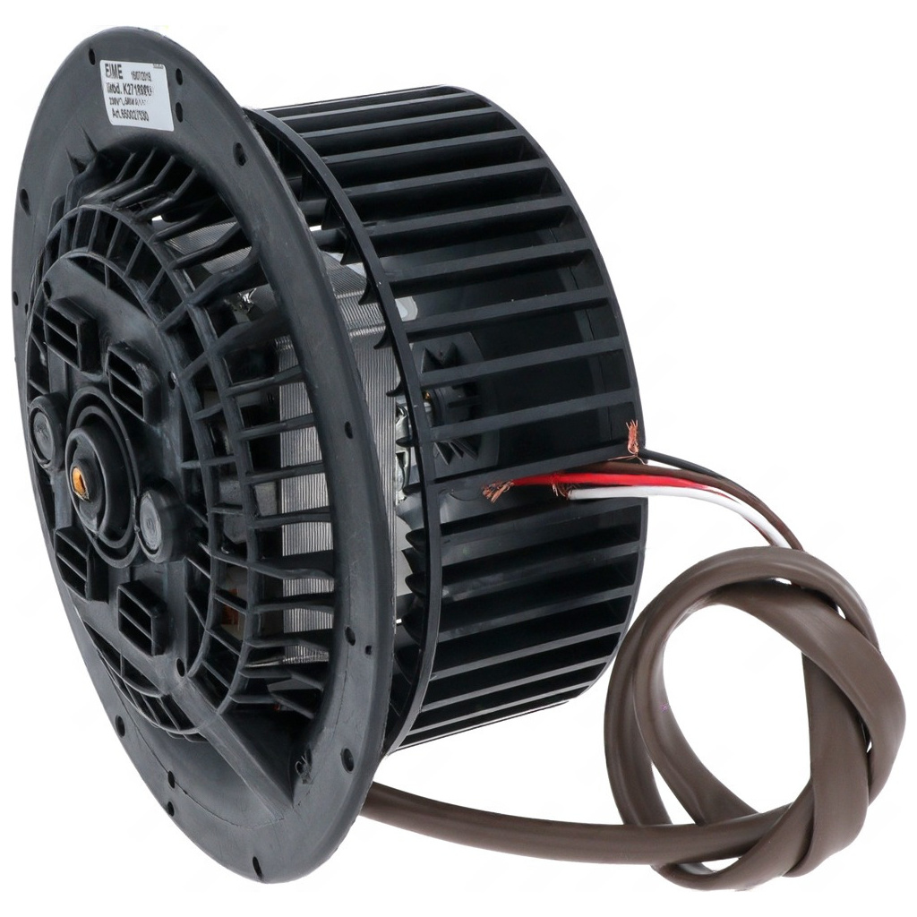 Černý válcový motor odsávacího ventilátoru s lopatkovým kolem uvnitř mřížky a barevnými vyvedenými vodiči