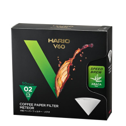 Bílé papírové filtry Hario V60 Meteor 02, balení po 50 kusech, krabička zepředu