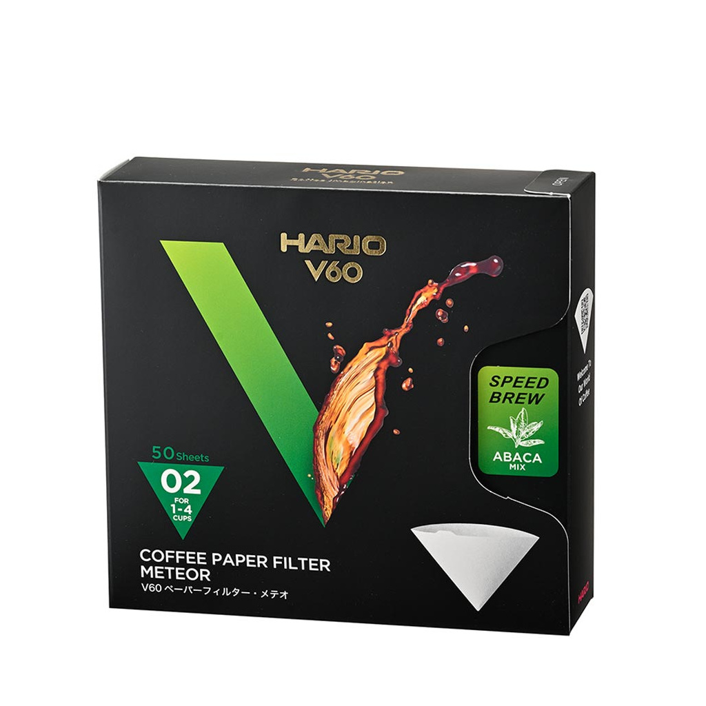 Bílé papírové filtry Hario V60 Meteor 02, balení po 50 kusech, krabička zepředu