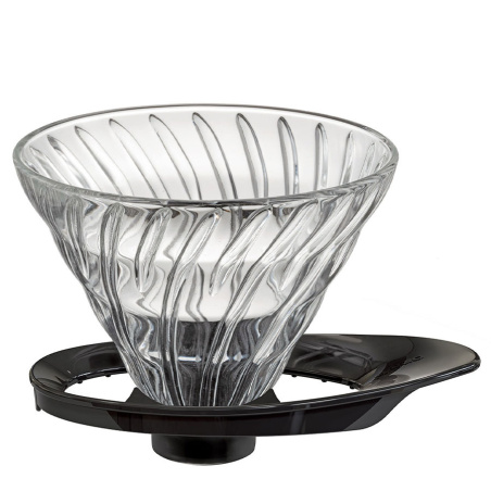 Skleněný překapávač Hario V60 02 s černým držákem, celkový pohled