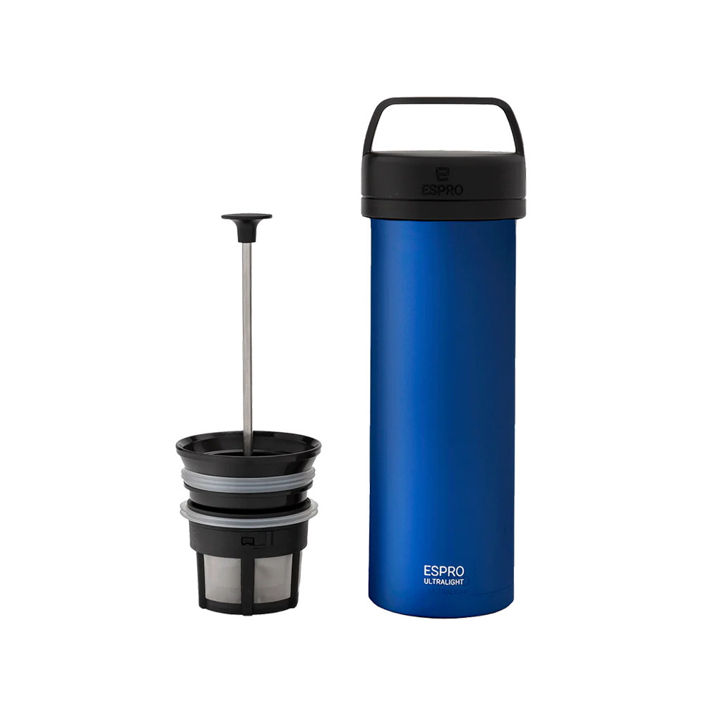 Cestovní lis Espro P0 Ultralight v klasické modré, celkový pohled