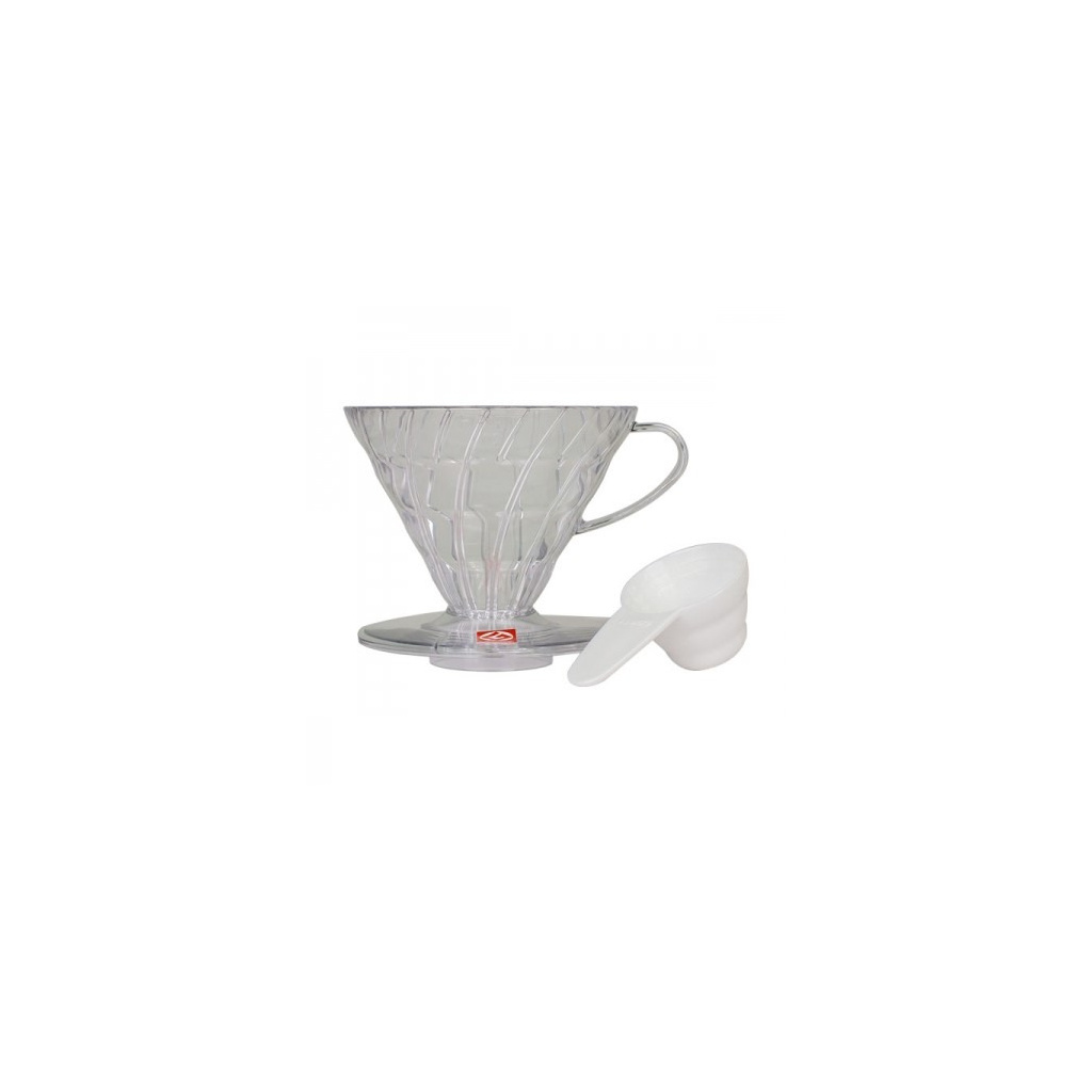 Čirý plastový dripper Hario V60-02, celkový pohled zboku