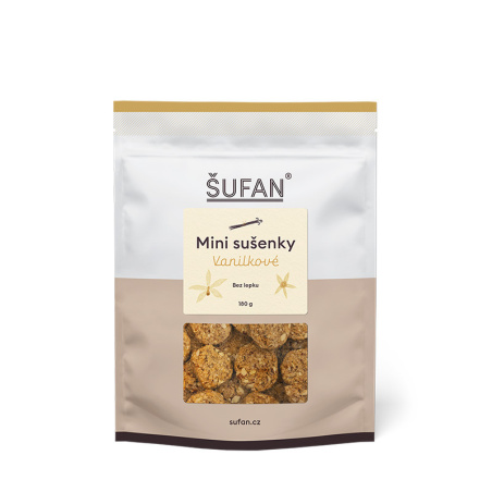 Mini vanilkové sušenky ŠUFAN, obal zepředu s popisem produktu