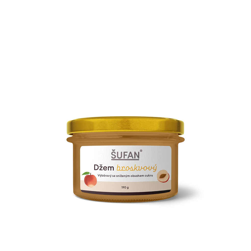 Broskvový džem ŠUFAN ve sklenici, produkt tak, jak ho dostanete