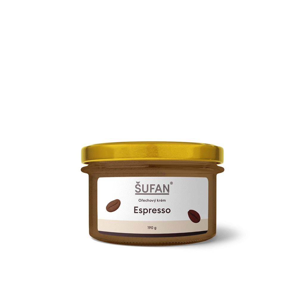 Espresso máslo ŠUFAN ve sklenici, kompletní obal i s etiketou