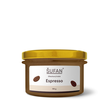 Espresso máslo ŠUFAN ve sklenici, kompletní obal i s etiketou