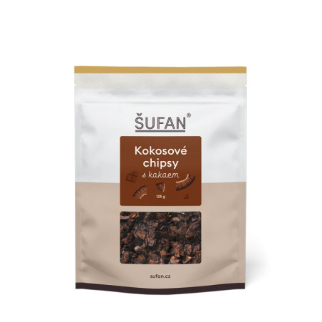 Kokosové chipsy s kakaem ŠUFAN, celkový pohled na obal