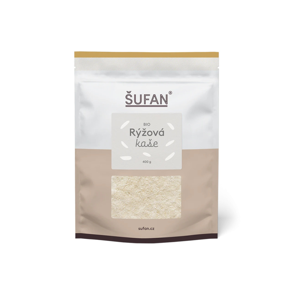 BIO rýžová kaše ŠUFAN, obal zepředu s popisem produktu BIO rýžová kaše ŠUFAN, obal zepředu s popisem produktu