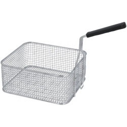 Hlubší drátěný koš do fritézy, dole poutko a zahnutá rukojeť s černým úchytem
