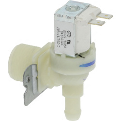 Elektromagnetický ventil Elbi v bílé barvě, jedna cívka, vstup se závitem a koncovka hadice v úhlu 90°