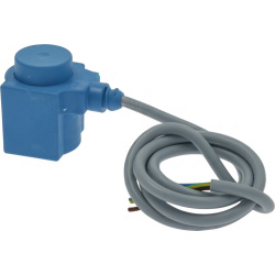 Modrá plastová cívka Danfoss, k ní připojený stočený kabel