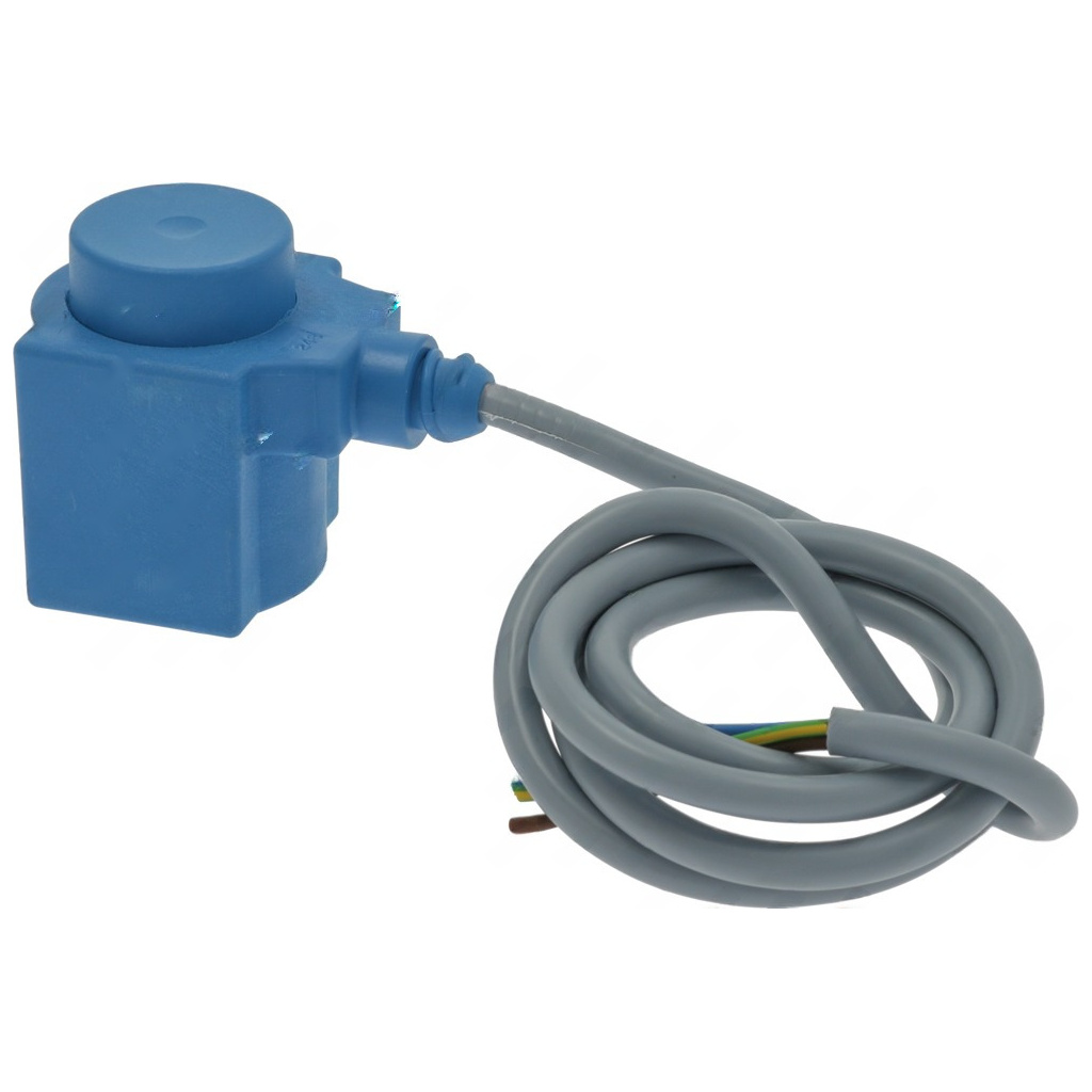 Modrá plastová cívka Danfoss, k ní připojený stočený kabel