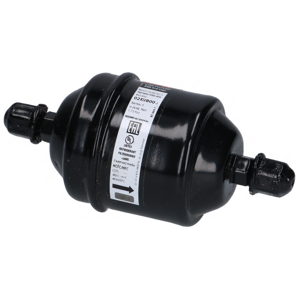 Černé válcové tělo filtru Danfoss DCL 052 s vývody na obou koncích
