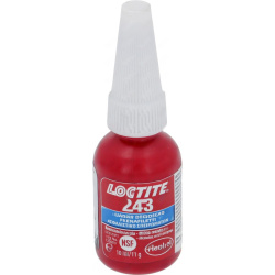 Červená lahvička pojistného laku na závity Loctite 243 s bílým uzávěrem