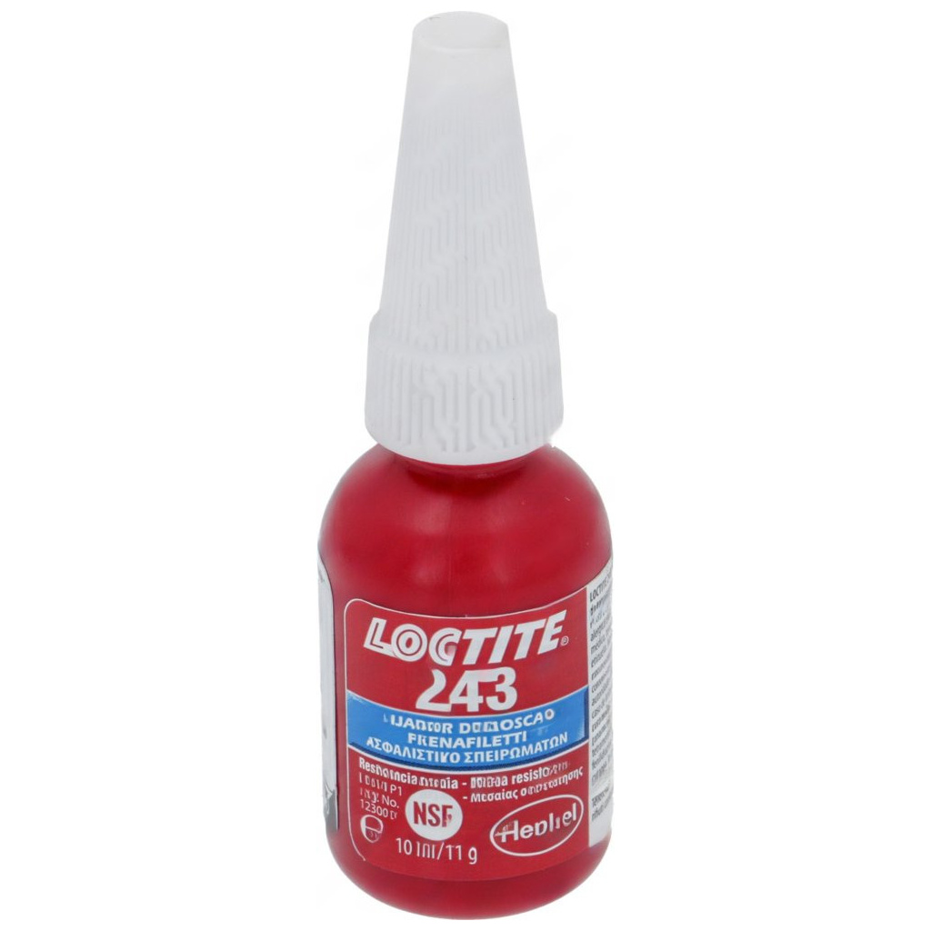 Červená lahvička pojistného laku na závity Loctite 243 s bílým uzávěrem