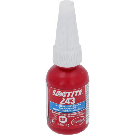 Červená lahvička pojistného laku na závity Loctite 243 s bílým uzávěrem
