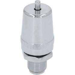 Podtlakový ventil 3/8″ M: vroubkované chromované tělo, nahoře pojistný kolík, dole vnější závit Podtlakový ventil 3/8″ M: vroubkované chromované tělo, nahoře pojistný kolík, dole vnější závit